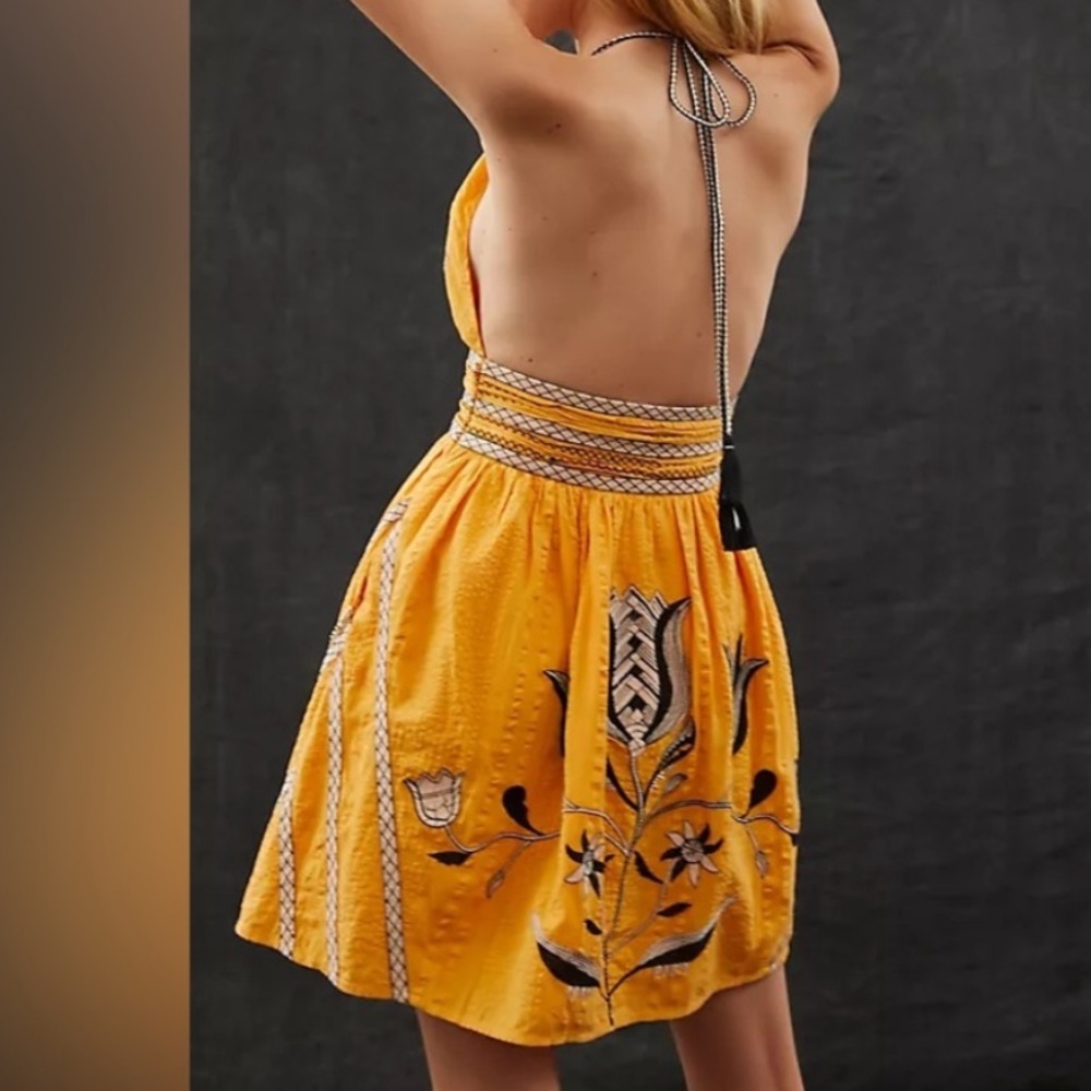 Let Me Be Anthropologie Backless Halter Floral Sundress in Mustard Yellow
